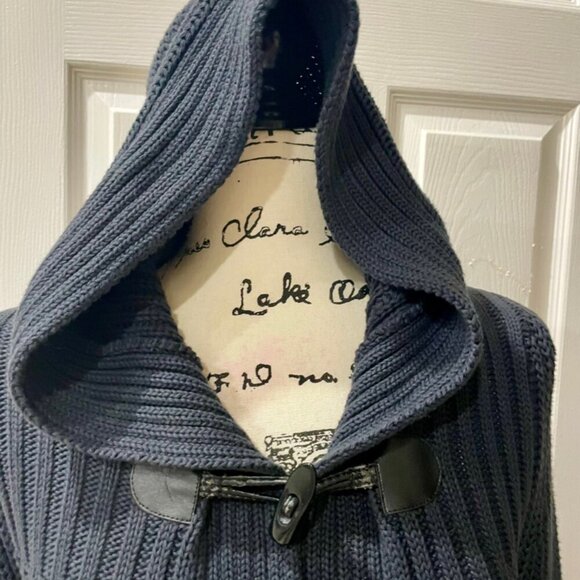 SAKS FIFTH AVENUE CARDIGAN HOODED SWEATER FISHERMAN CHUNKY 100% COTTON NAVY BLUE - Picture 3 of 14
